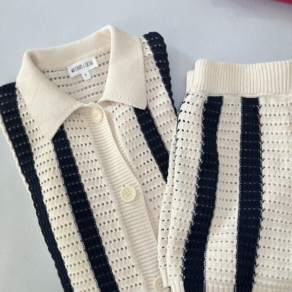 Whiteroom + Cactus Cotton Navy and Ecru Open Knit Resort Short Set Size Medium - Picture 3 of 9